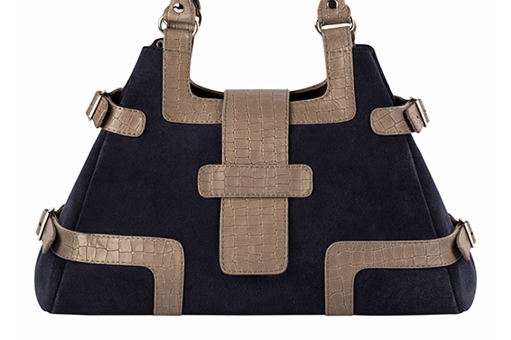 Tan beige and midnight blue women's medium dress handbag, matching pumps and belts - Florence KOOIJMAN